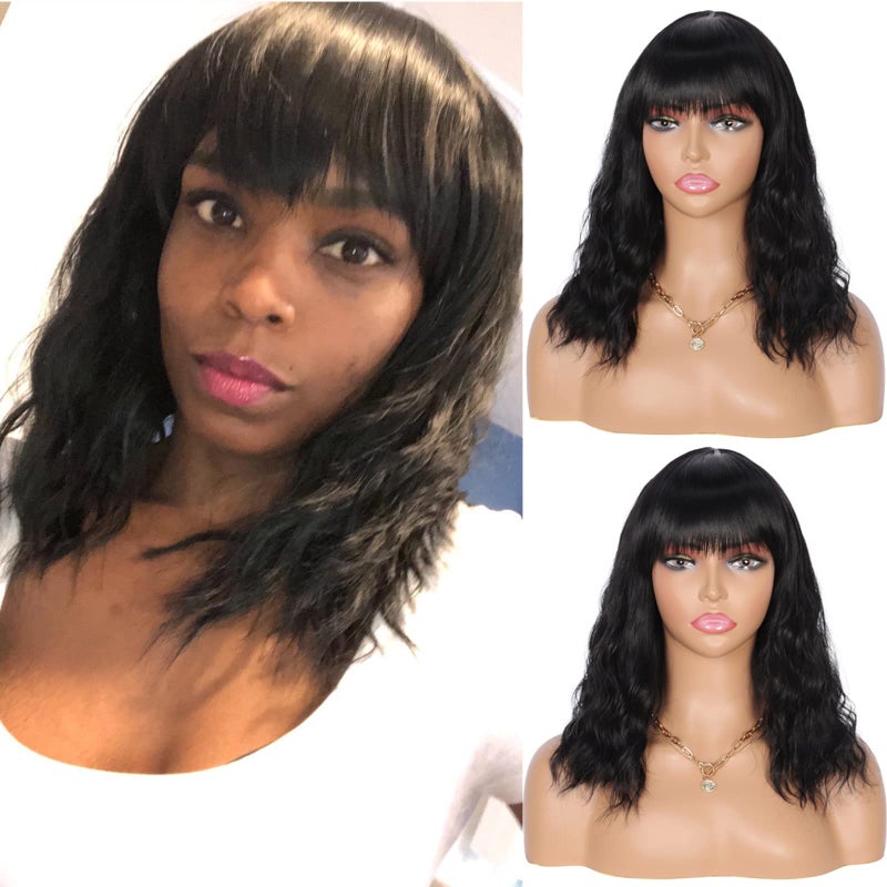Kalyss 14" Synthetic Wig with Hair Bangs Short Wavy Curly Wig for Women -Natural Looking and Heat Resistant Full Head Hair Replacement Wig for Daily Wear or Costume Wigs - Image 1